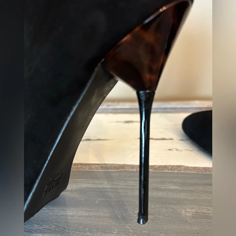 Stuart Weitzman Black Suede Ankle Booties Tortoiseshell Patent Stiletto Size 8‎